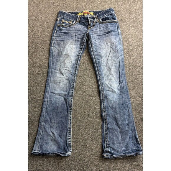 Maurices Womens Jeans 3/4 RGL Low Rise Bootcut Flare Embroidered Thick Stitch - Picture 3 of 3